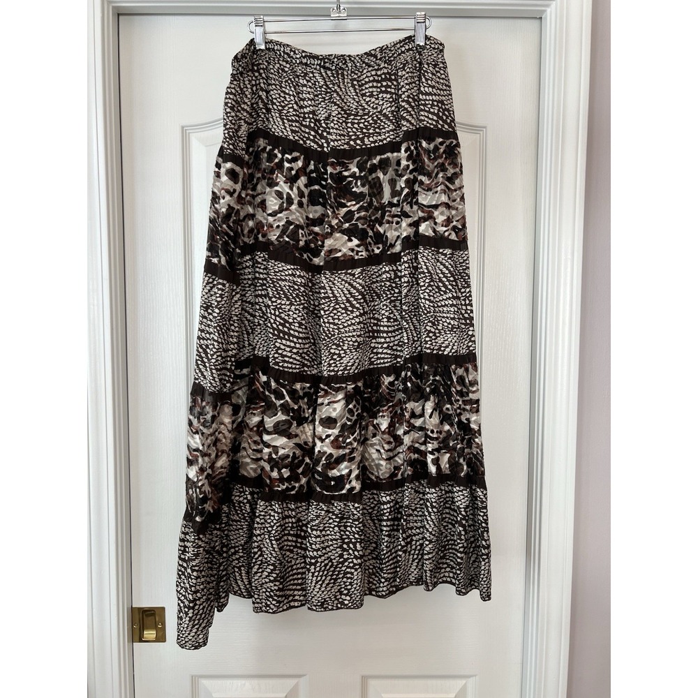 Chico's Tiered Maxi Skirt Brown Black Boho Indie Silk Size 2‎ Festival Office